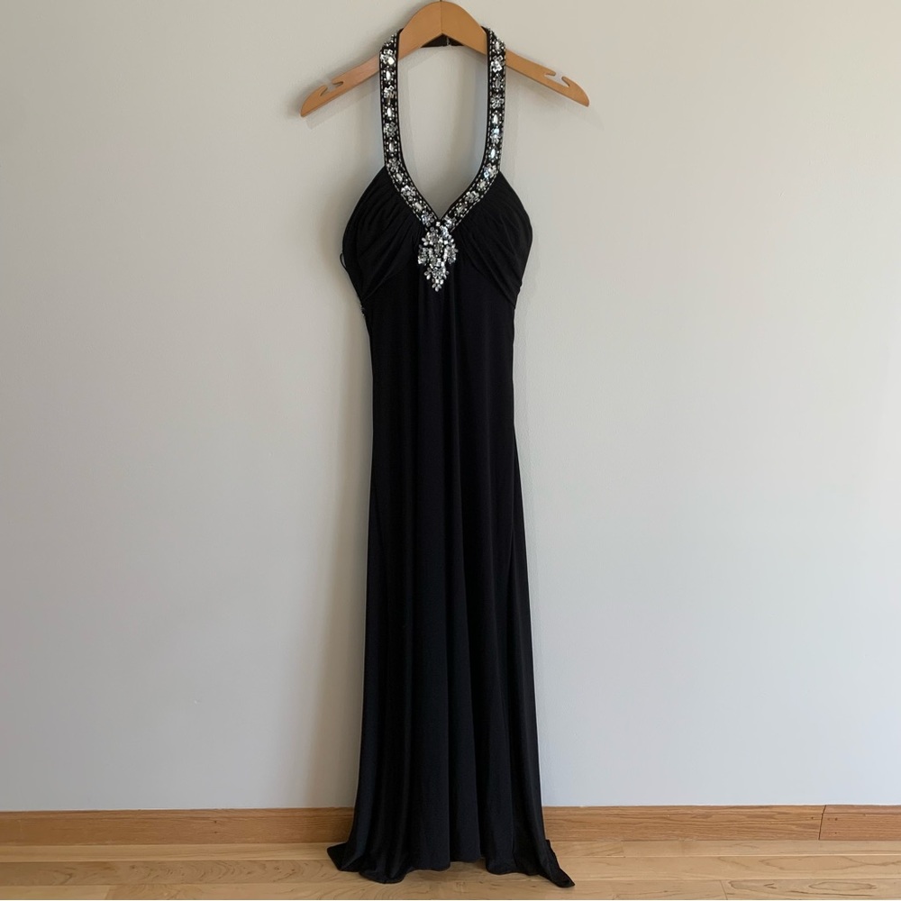 Stunning black, beaded, halter-top gown by Cache